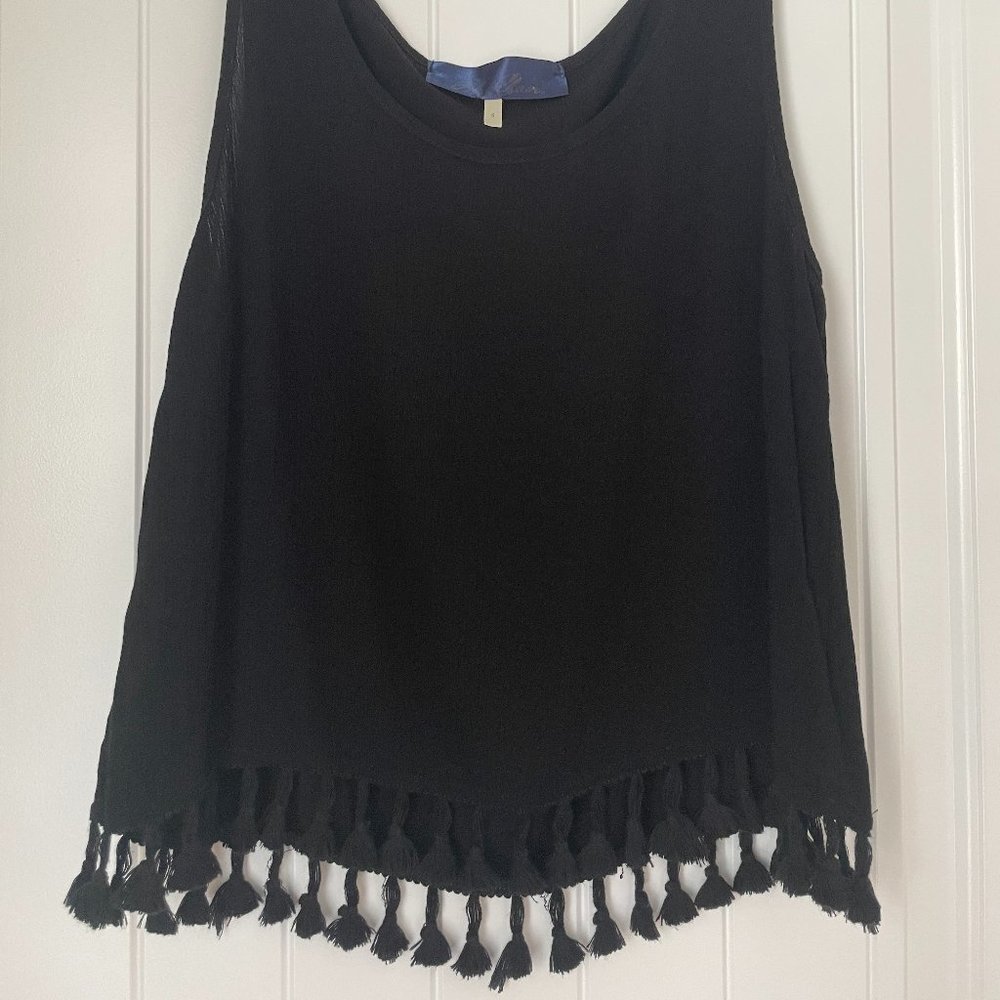 Blue Rain Black Tank Top with Fringe Size S